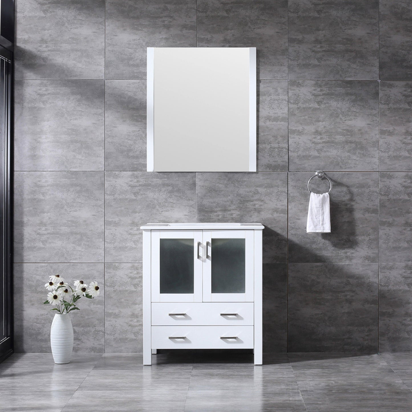 Volez 30" White, Dark Grey or Navy Blue Single Vanity, Integrated Top, White Integrated Square Sink, Available with 28" Mirror and Faucet - The Bath Vanities