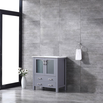 Volez 30" White, Dark Grey or Navy Blue Single Vanity, Integrated Top, White Integrated Square Sink, Available with 28" Mirror and Faucet - The Bath Vanities