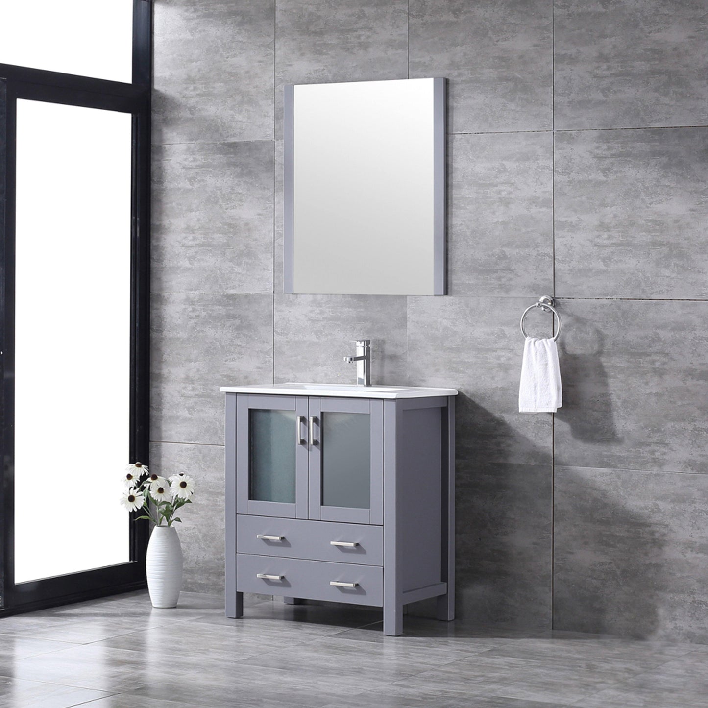 Volez 30" White, Dark Grey or Navy Blue Single Vanity, Integrated Top, White Integrated Square Sink, Available with 28" Mirror and Faucet - The Bath Vanities