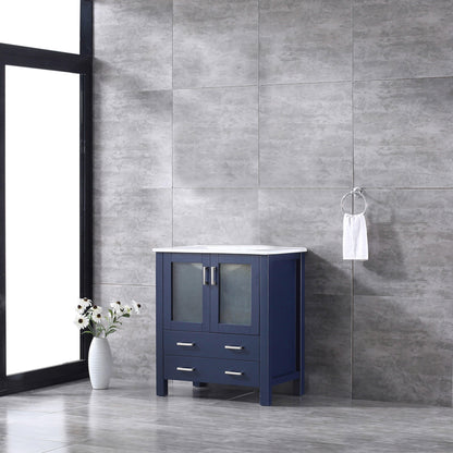 Volez 30" White, Dark Grey or Navy Blue Single Vanity, Integrated Top, White Integrated Square Sink, Available with 28" Mirror and Faucet - The Bath Vanities