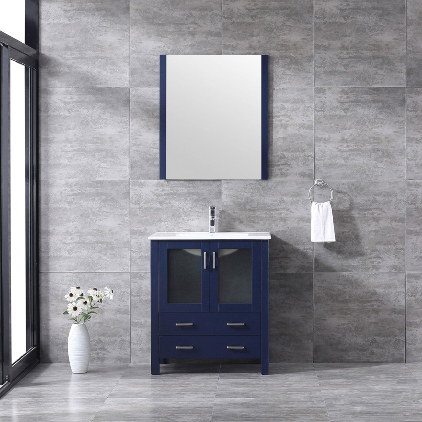 Volez 30" White, Dark Grey or Navy Blue Single Vanity, Integrated Top, White Integrated Square Sink, Available with 28" Mirror and Faucet - The Bath Vanities