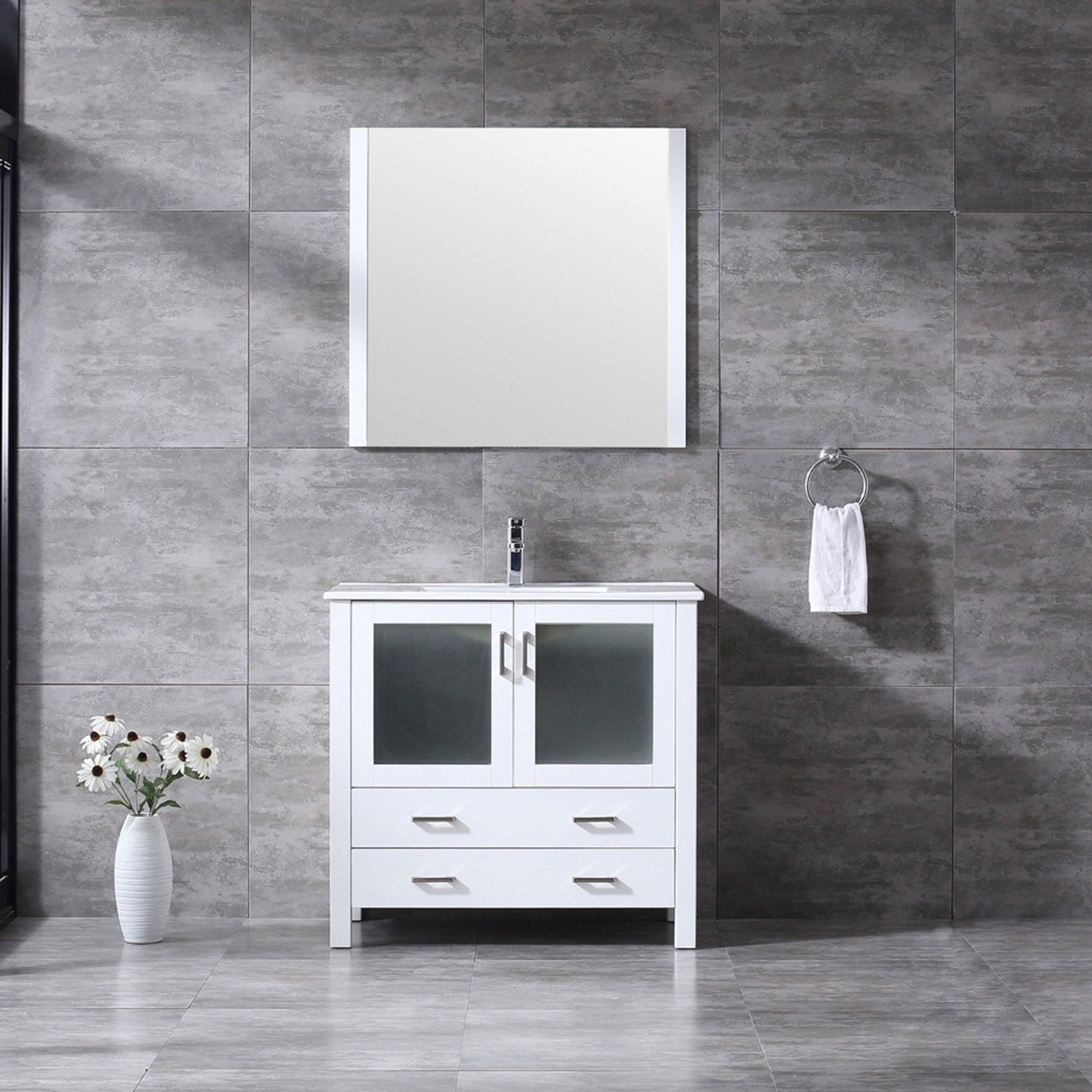 Volez 36" White, Dark Grey or Navy Blue Single Vanity, Integrated Top, White Integrated Square Sink, Available with 34" Mirror and Faucet - The Bath Vanities