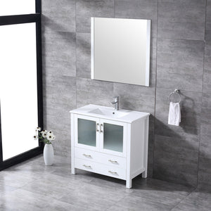 Volez 36" White, Dark Grey or Navy Blue Single Vanity, Integrated Top, White Integrated Square Sink, Available with 34" Mirror and Faucet - The Bath Vanities