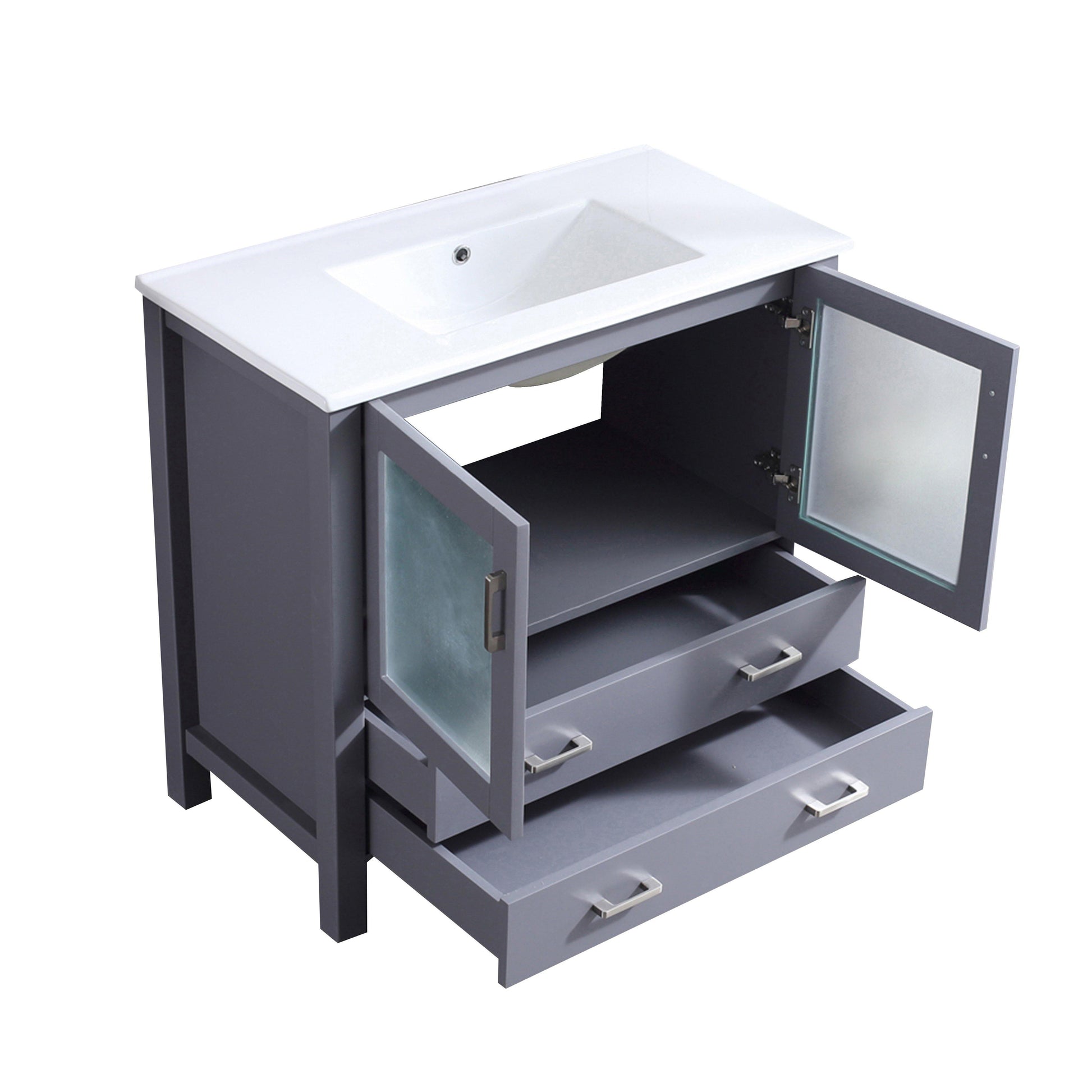 Volez 36" White, Dark Grey or Navy Blue Single Vanity, Integrated Top, White Integrated Square Sink, Available with 34" Mirror and Faucet - The Bath Vanities