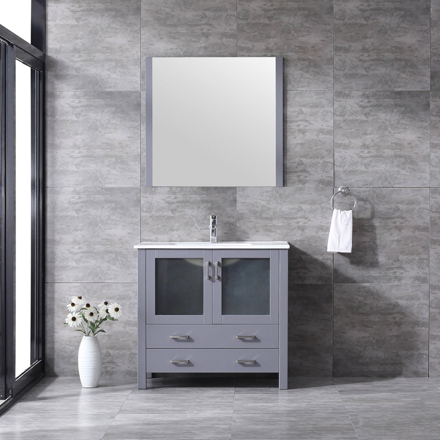 Volez 36" White, Dark Grey or Navy Blue Single Vanity, Integrated Top, White Integrated Square Sink, Available with 34" Mirror and Faucet - The Bath Vanities