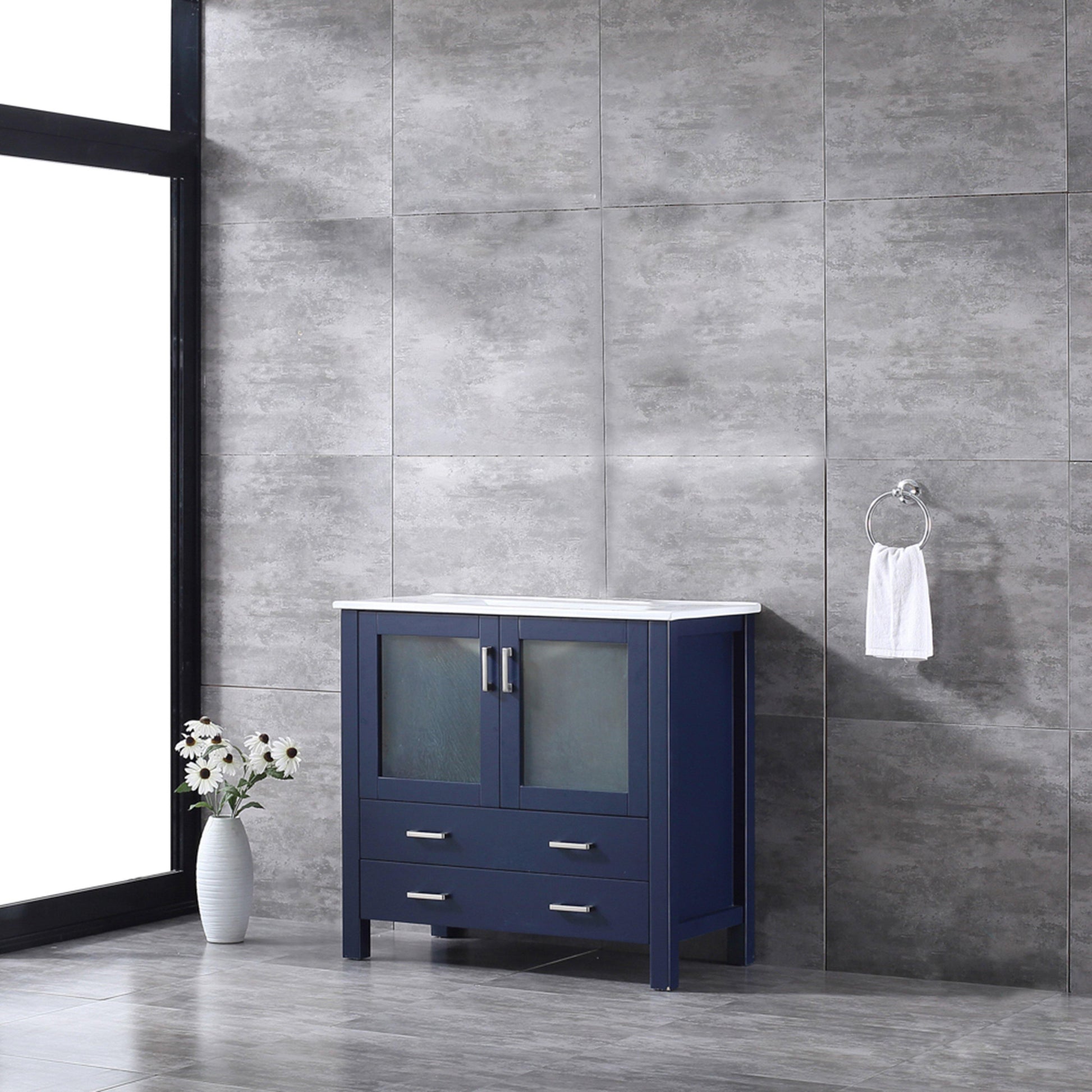 Volez 36" White, Dark Grey or Navy Blue Single Vanity, Integrated Top, White Integrated Square Sink, Available with 34" Mirror and Faucet - The Bath Vanities