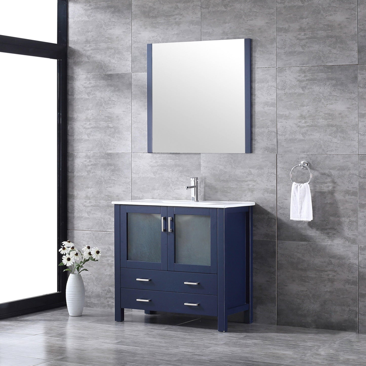 Volez 36" White, Dark Grey or Navy Blue Single Vanity, Integrated Top, White Integrated Square Sink, Available with 34" Mirror and Faucet - The Bath Vanities