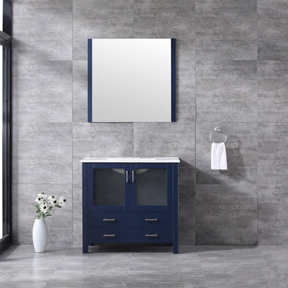 Volez 36" White, Dark Grey or Navy Blue Single Vanity, Integrated Top, White Integrated Square Sink, Available with 34" Mirror and Faucet - The Bath Vanities