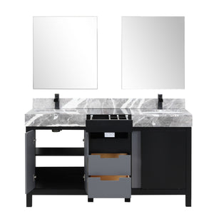 Zilara 60" Double Vanity, Top, Sink with 28" Frameless Mirror, Faucet Set