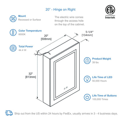 Blossom Vega – 20 Inches LED Medicine Cabinet MCL4 2032L/R