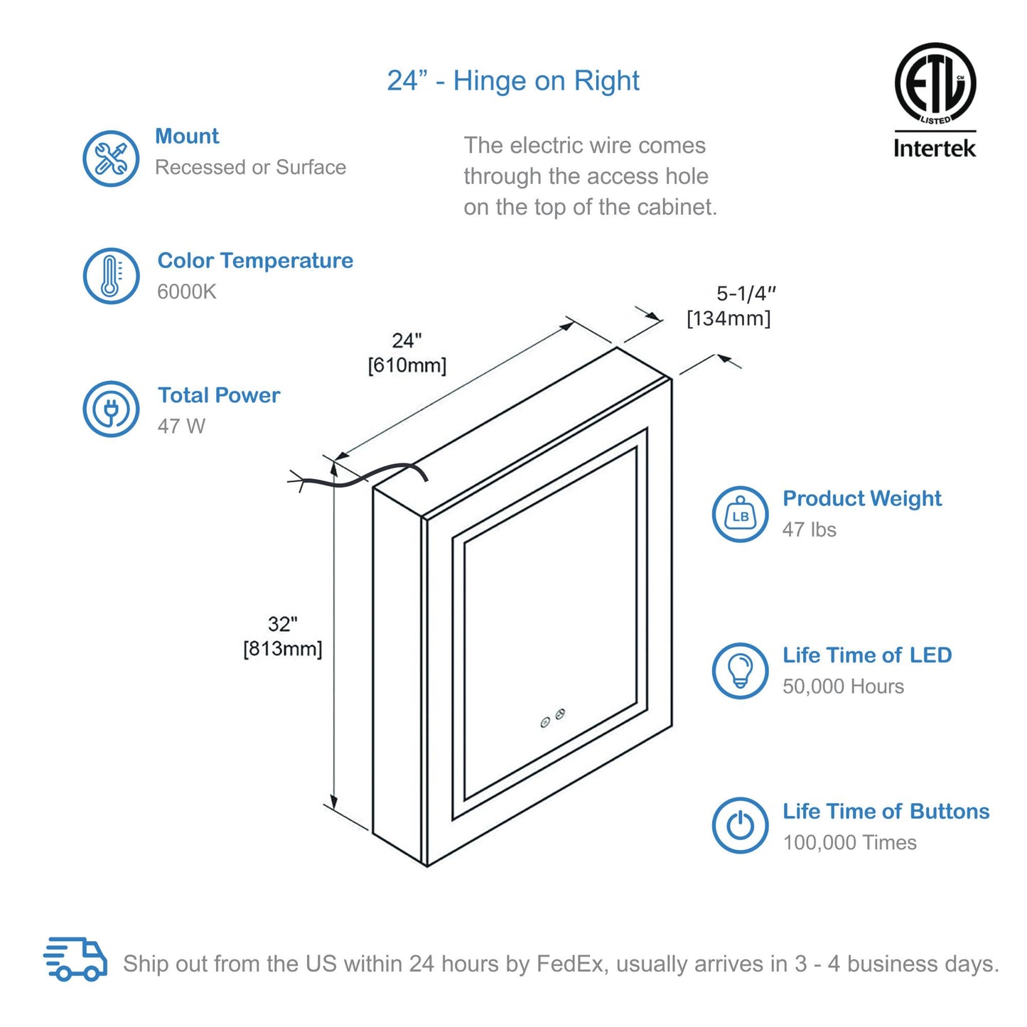 Blossom Vega – 24 Inches LED Medicine Cabinet MCL4 2432L/R