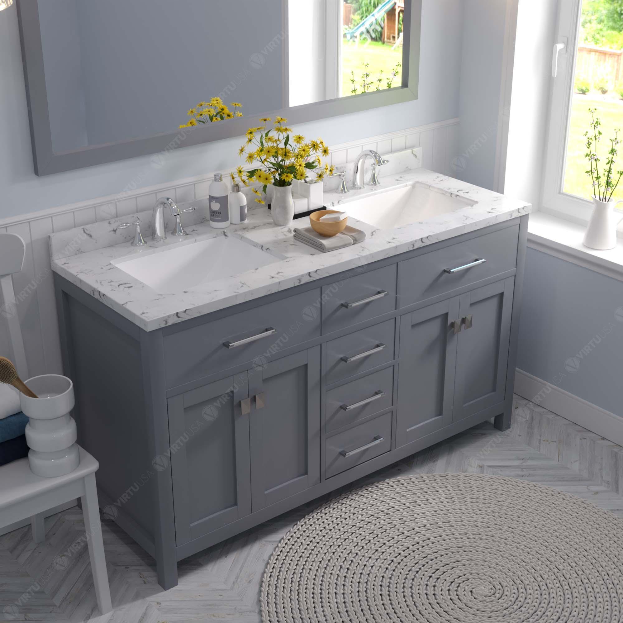 Caroline 60" Double Bath Vanity Set with Cultured Marble Quartz Top & Rectangular Double Centered Basin