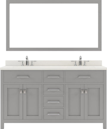  MD-2060-DWQRO-CG Cashmere Gray Caroline 60" Double Bath Vanity Set with Dazzle White Quartz Top & Oval Double Centered Basin, Mirror