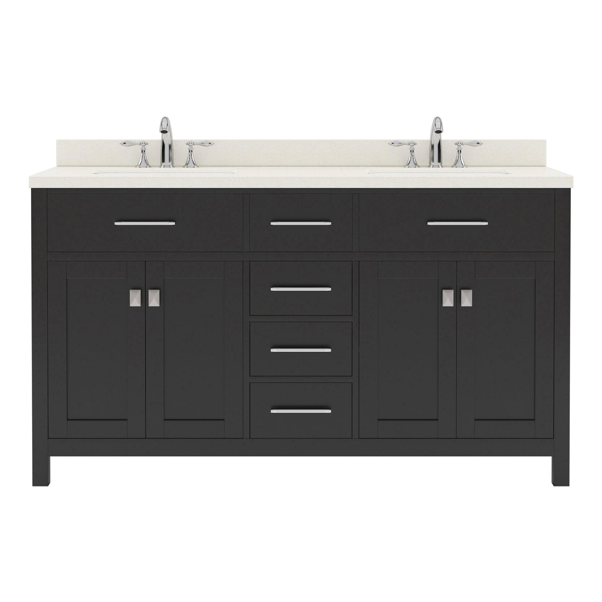  MD-2060-DWQRO-ES Espresso Caroline 60" Double Bath Vanity Set with Dazzle White Quartz Top & Oval Double Centered Basin