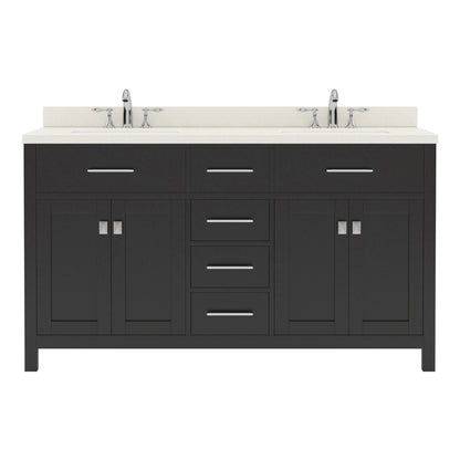  MD-2060-DWQRO-ES Espresso Caroline 60" Double Bath Vanity Set with Dazzle White Quartz Top & Oval Double Centered Basin