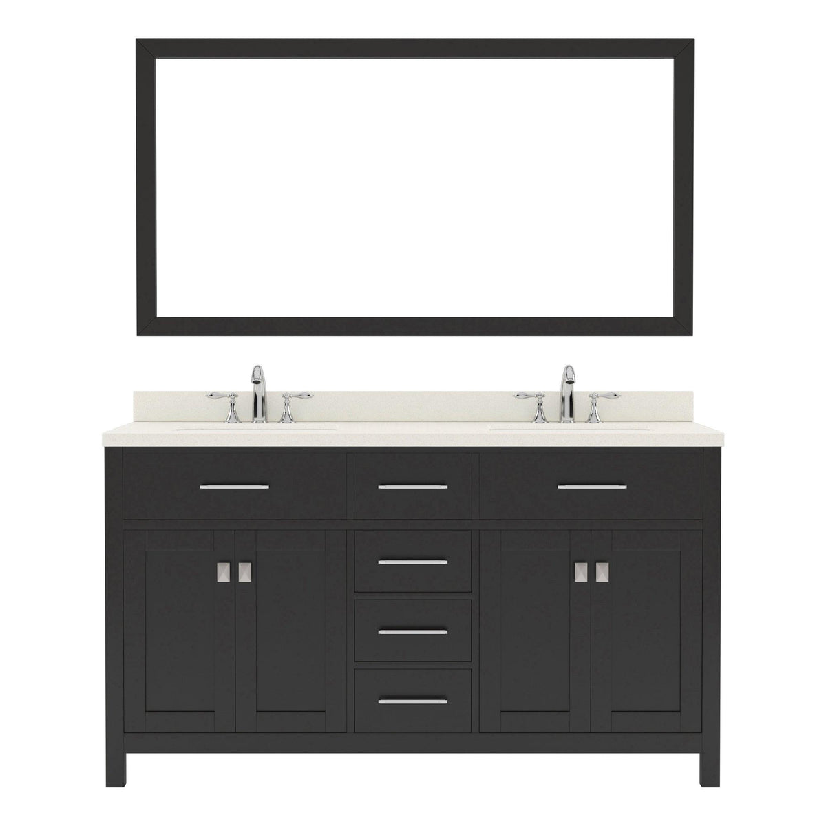  MD-2060-DWQRO-ES Espresso Caroline 60" Double Bath Vanity Set with Dazzle White Quartz Top & Oval Double Centered Basin, Mirror