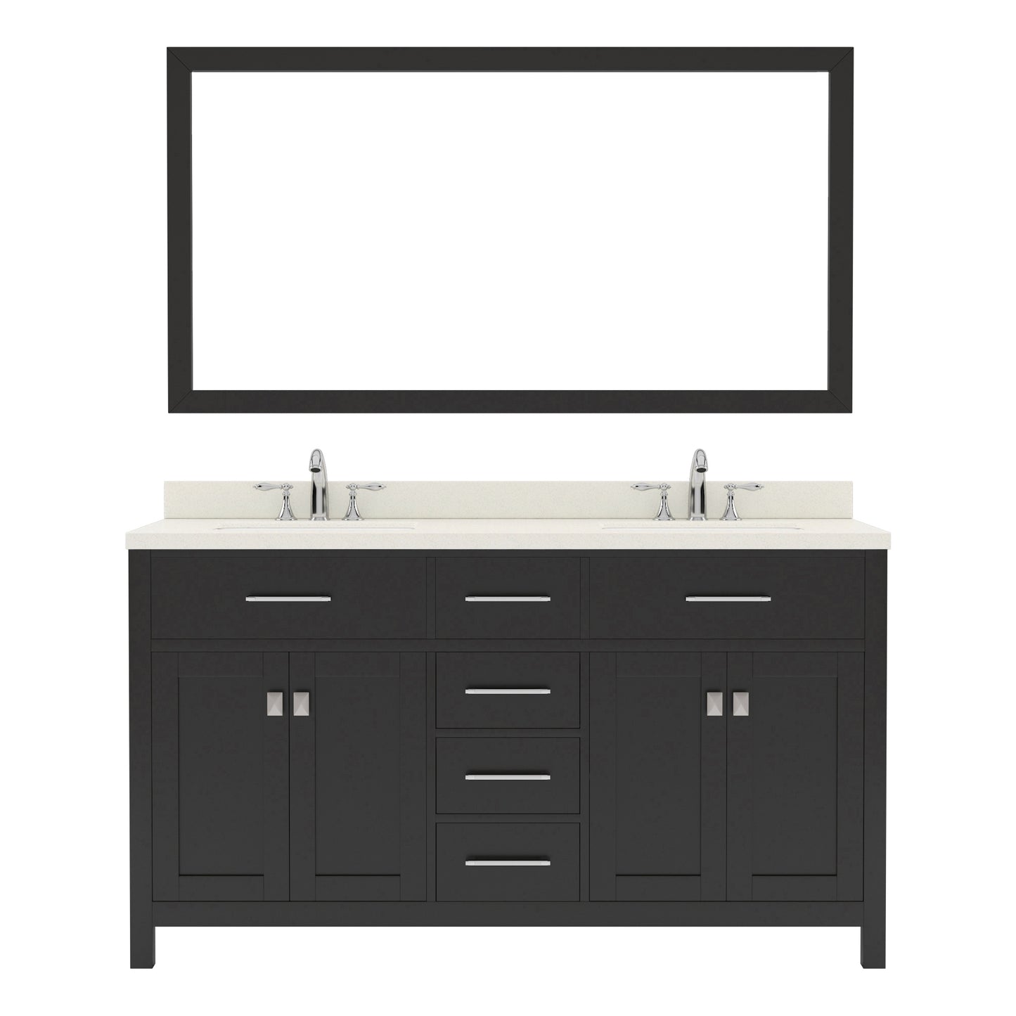  MD-2060-DWQRO-ES Espresso Caroline 60" Double Bath Vanity Set with Dazzle White Quartz Top & Oval Double Centered Basin, Mirror