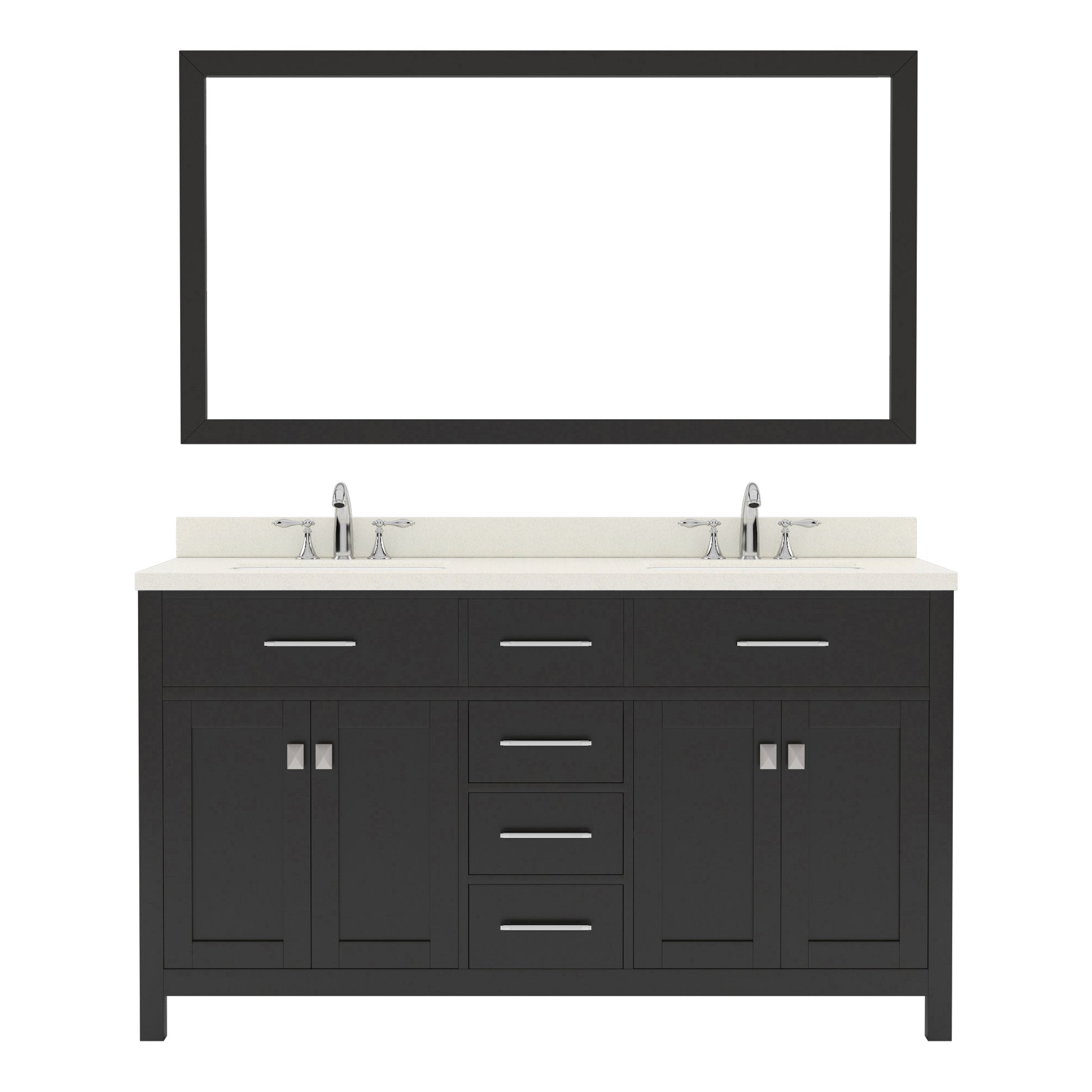  MD-2060-DWQRO-ES Espresso Caroline 60" Double Bath Vanity Set with Dazzle White Quartz Top & Oval Double Centered Basin, Mirror