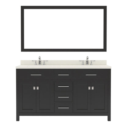  MD-2060-DWQRO-ES Espresso Caroline 60" Double Bath Vanity Set with Dazzle White Quartz Top & Oval Double Centered Basin, Mirror