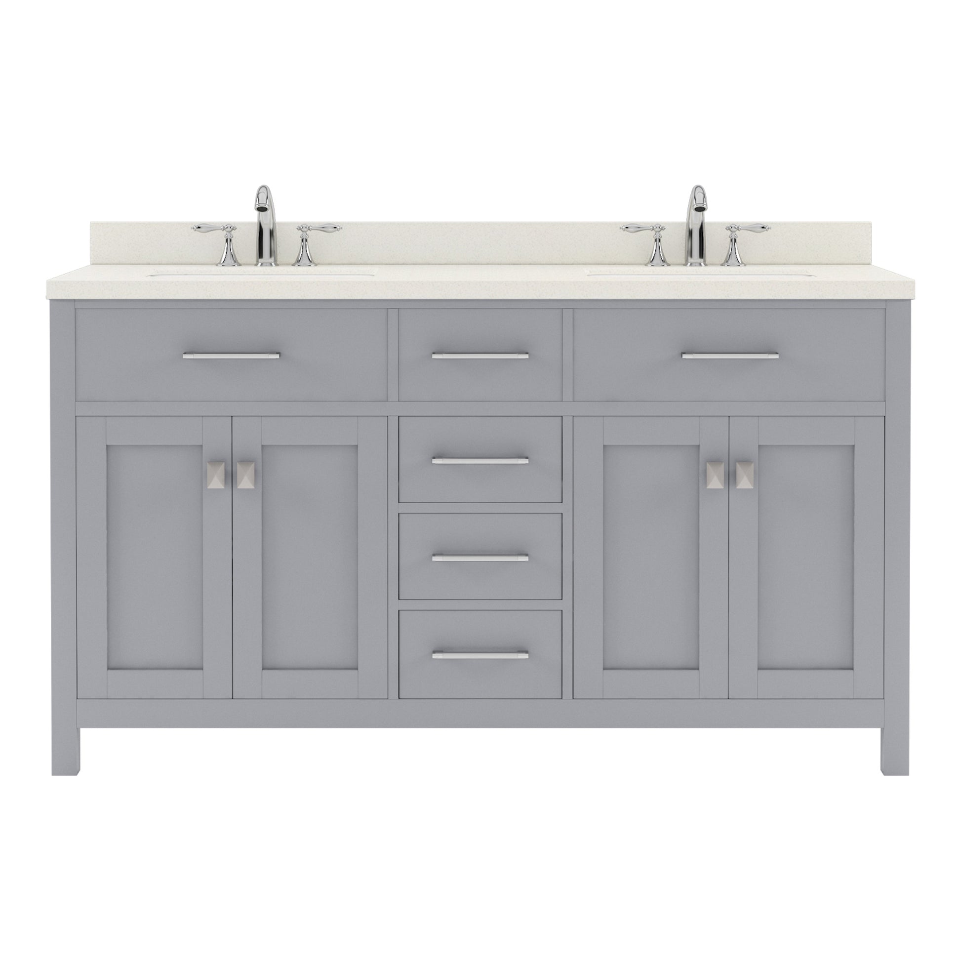  MD-2060-DWQRO-GR Gray Caroline 60" Double Bath Vanity Set with Dazzle White Quartz Top & Oval Double Centered Basin