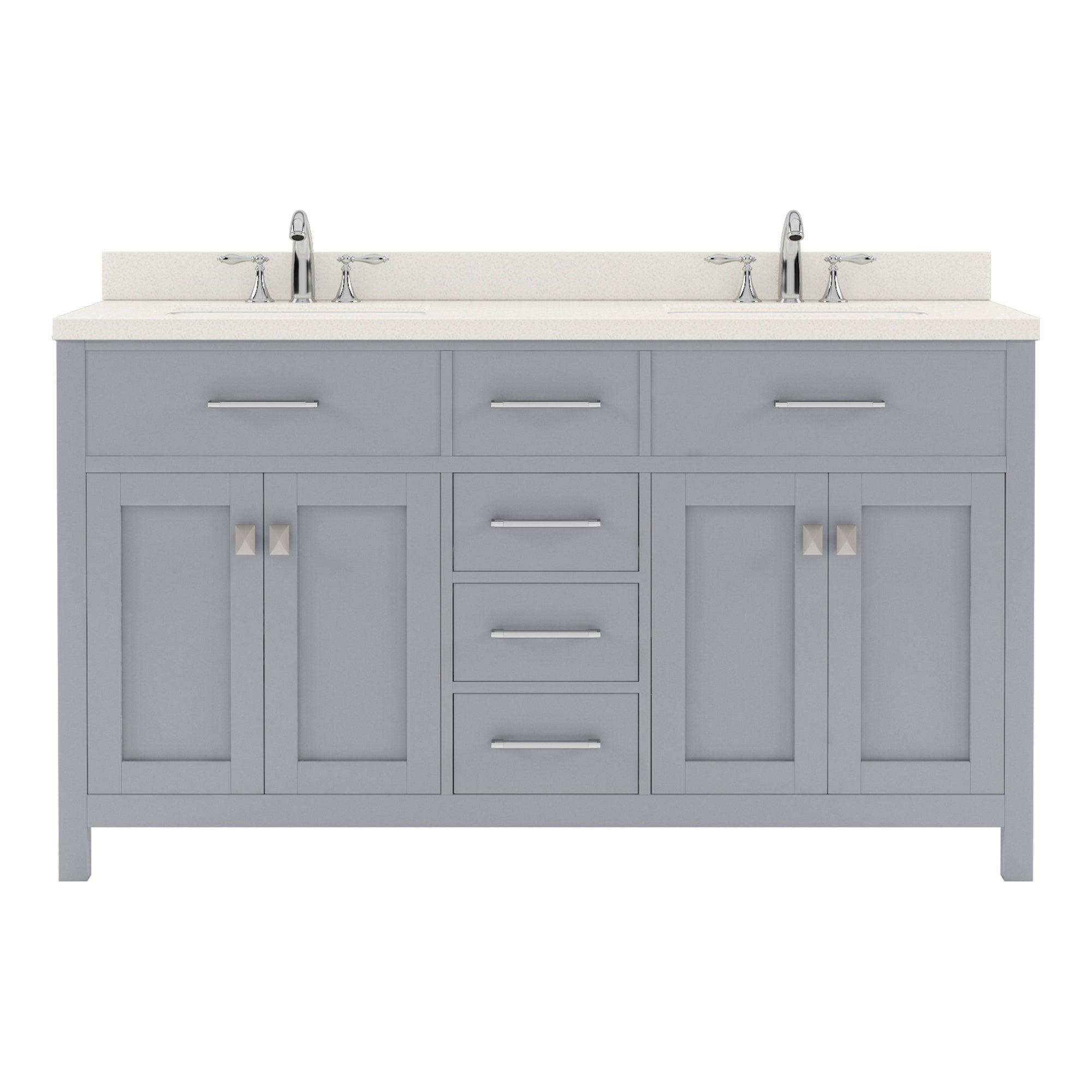  MD-2060-DWQRO-GR Gray Caroline 60" Double Bath Vanity Set with Dazzle White Quartz Top & Oval Double Centered Basin