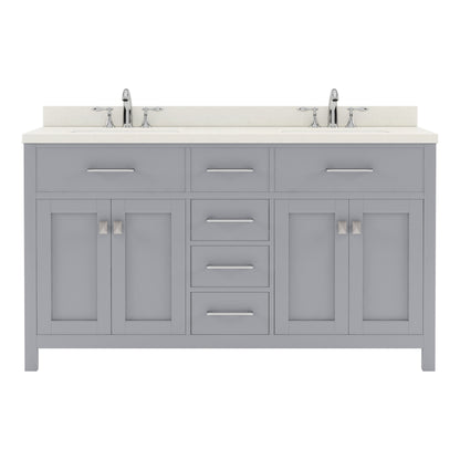  MD-2060-DWQRO-GR Gray Caroline 60" Double Bath Vanity Set with Dazzle White Quartz Top & Oval Double Centered Basin