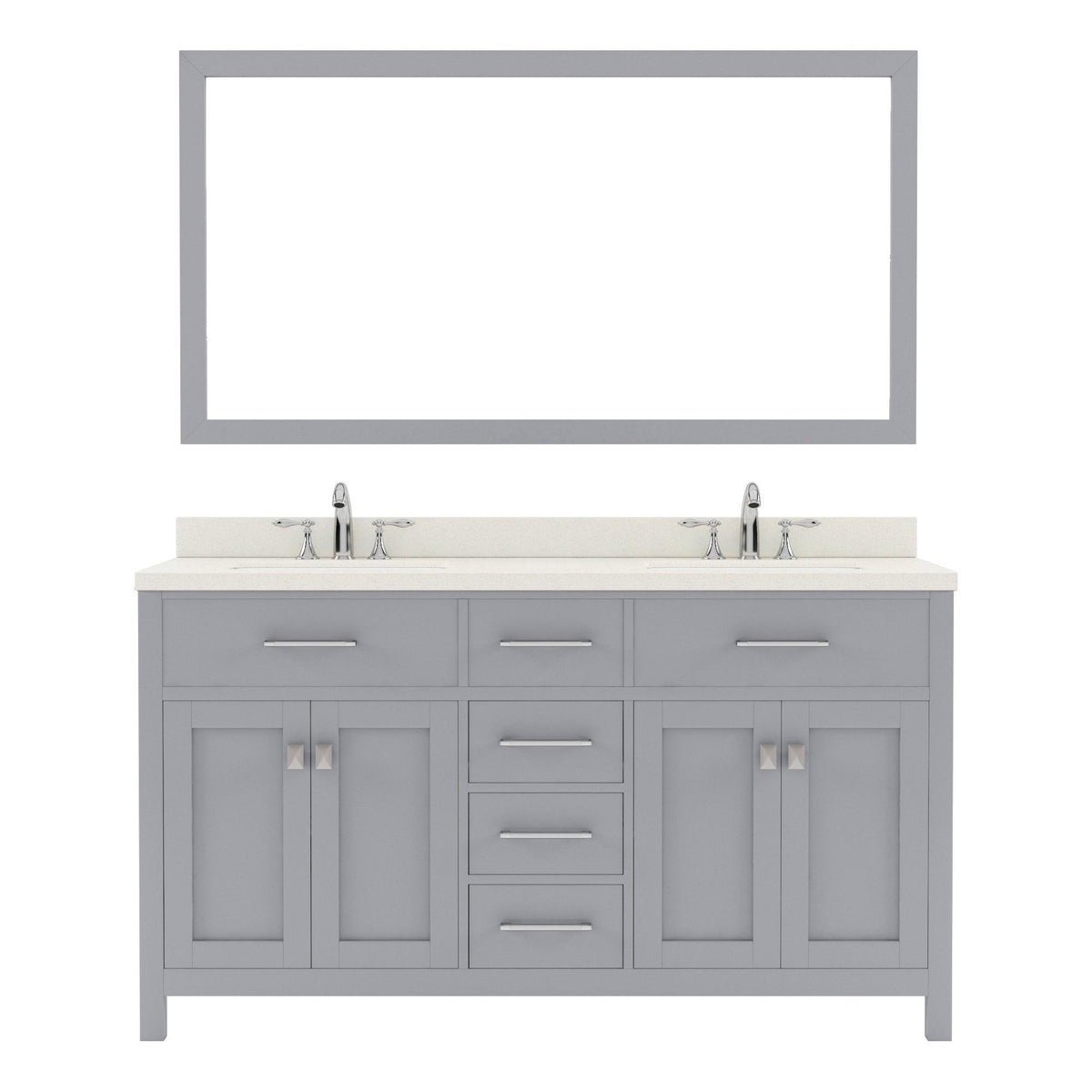  MD-2060-DWQRO-GR Gray Caroline 60" Double Bath Vanity Set with Dazzle White Quartz Top & Oval Double Centered Basin, Mirror