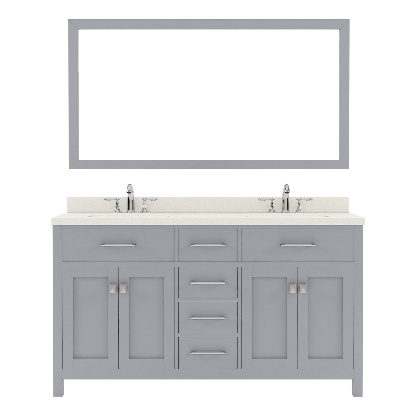  MD-2060-DWQRO-GR Gray Caroline 60" Double Bath Vanity Set with Dazzle White Quartz Top & Oval Double Centered Basin, Mirror