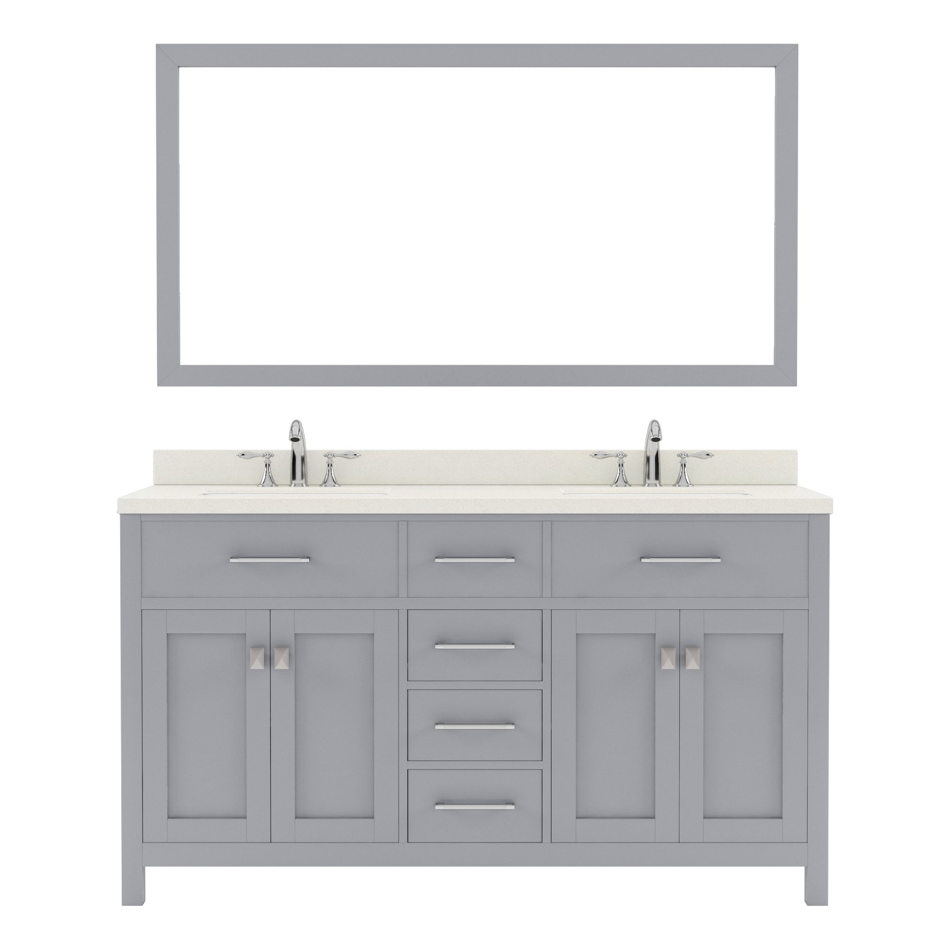  MD-2060-DWQRO-GR Gray Caroline 60" Double Bath Vanity Set with Dazzle White Quartz Top & Oval Double Centered Basin, Mirror