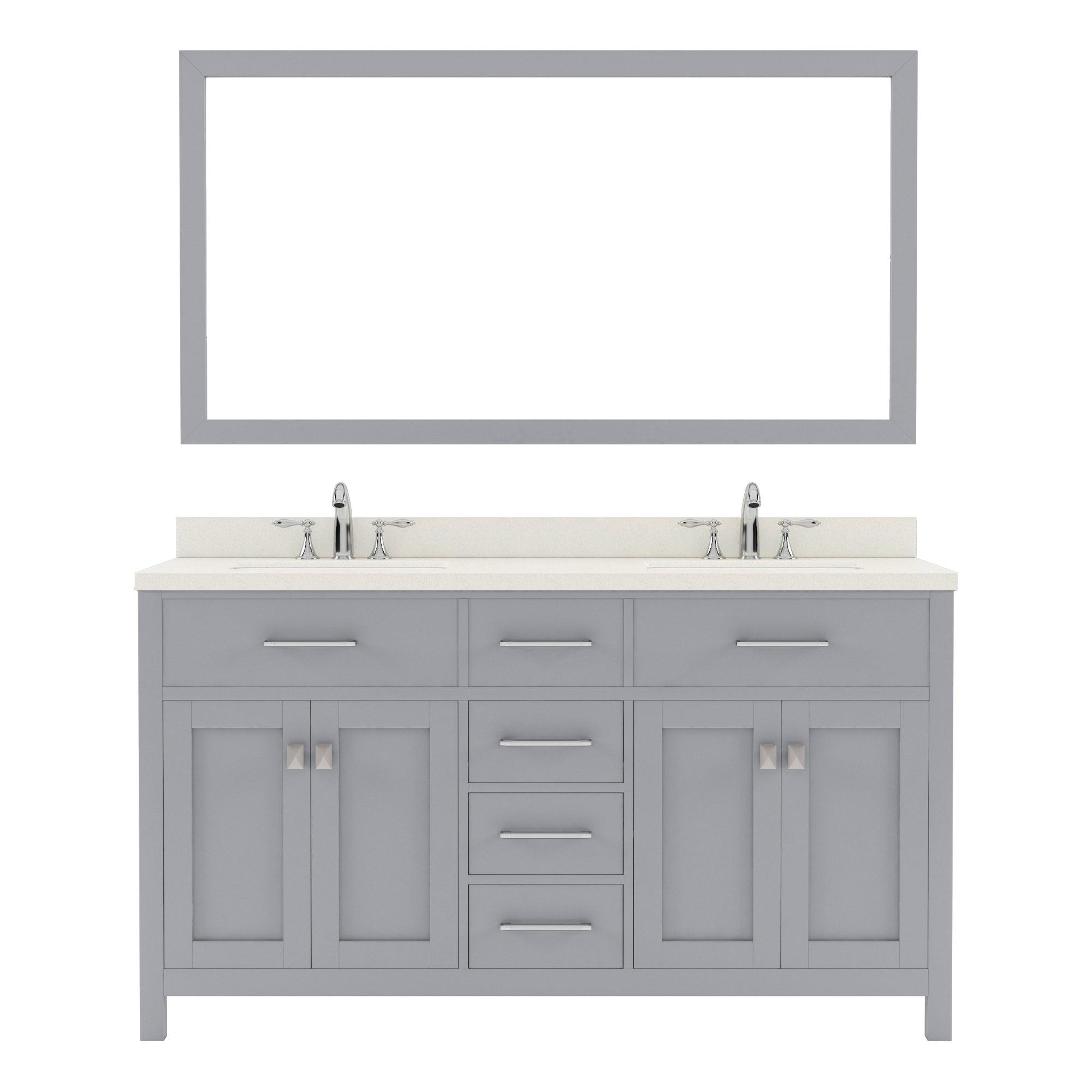 MD-2060-DWQRO-GR Gray Caroline 60" Double Bath Vanity Set with Dazzle White Quartz Top & Oval Double Centered Basin, Mirror