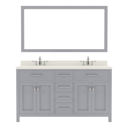  MD-2060-DWQRO-GR Gray Caroline 60" Double Bath Vanity Set with Dazzle White Quartz Top & Oval Double Centered Basin, Mirror