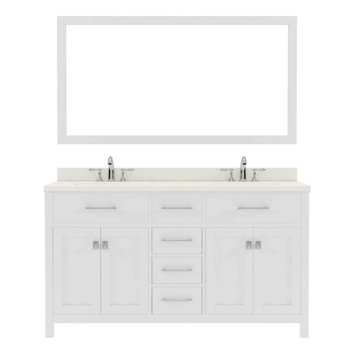  MD-2060-DWQRO-WH White Caroline 60" Double Bath Vanity Set with Dazzle White Quartz Top & Oval Double Centered Basin, Mirror