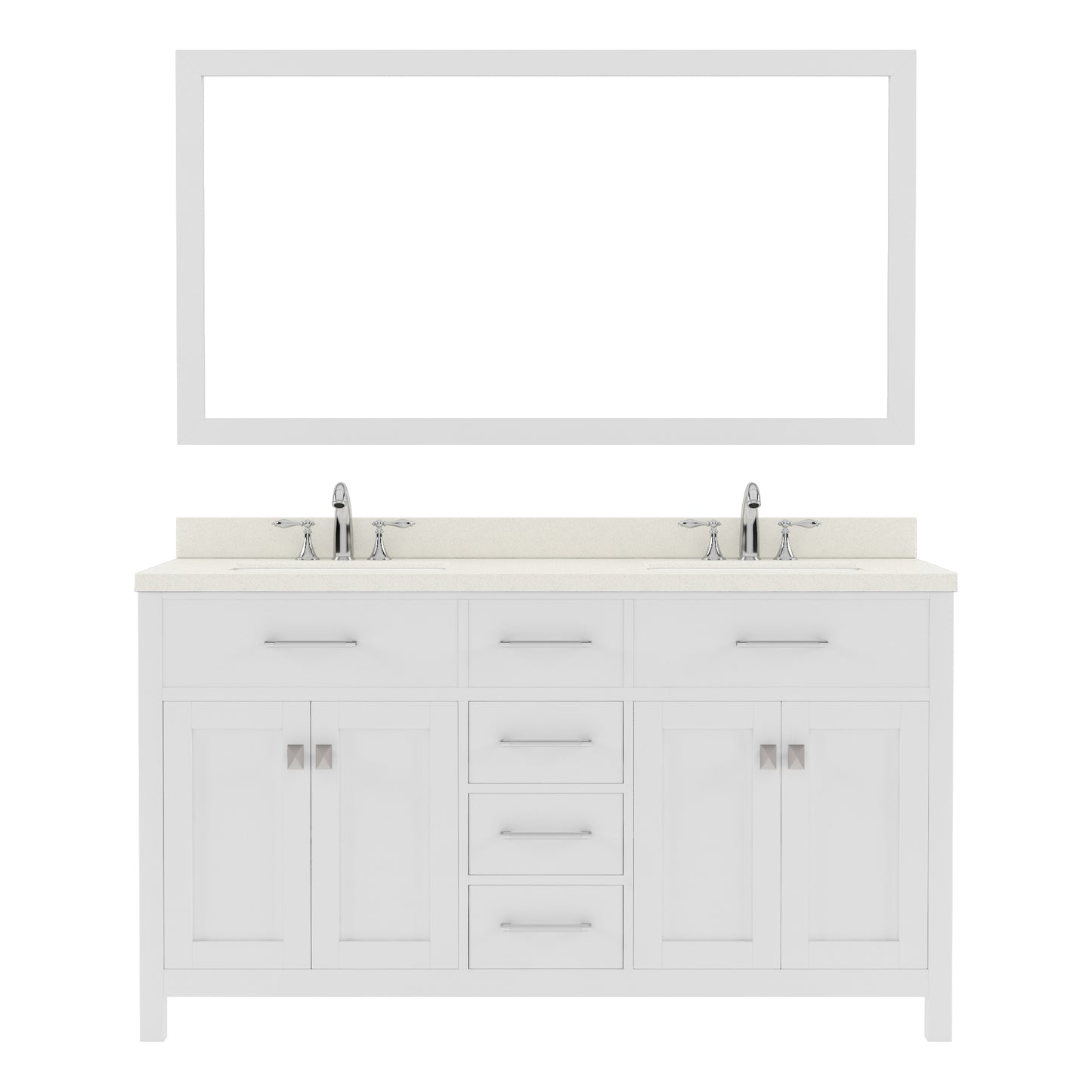  MD-2060-DWQRO-WH White Caroline 60" Double Bath Vanity Set with Dazzle White Quartz Top & Oval Double Centered Basin, Mirror