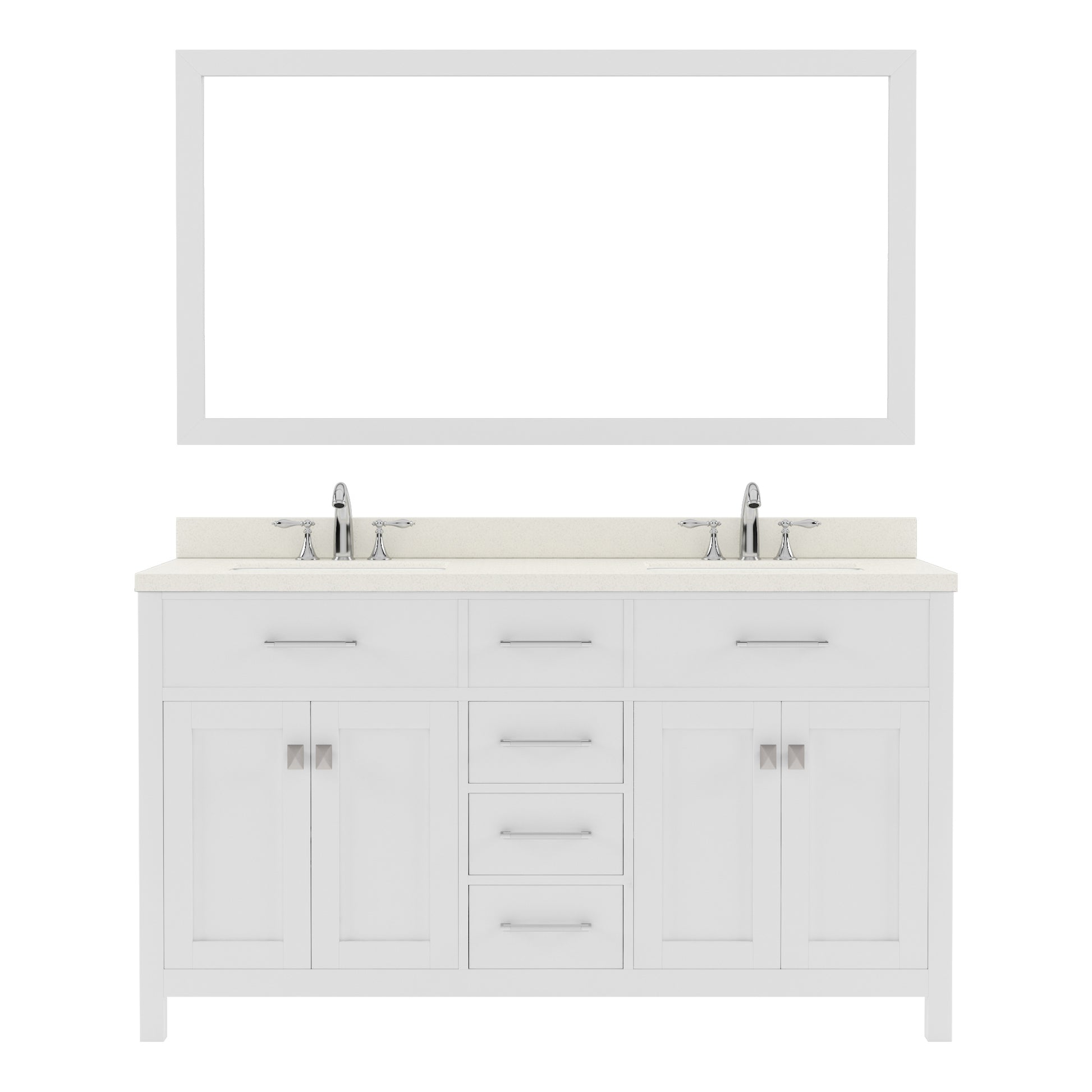  MD-2060-DWQRO-WH White Caroline 60" Double Bath Vanity Set with Dazzle White Quartz Top & Oval Double Centered Basin, Mirror