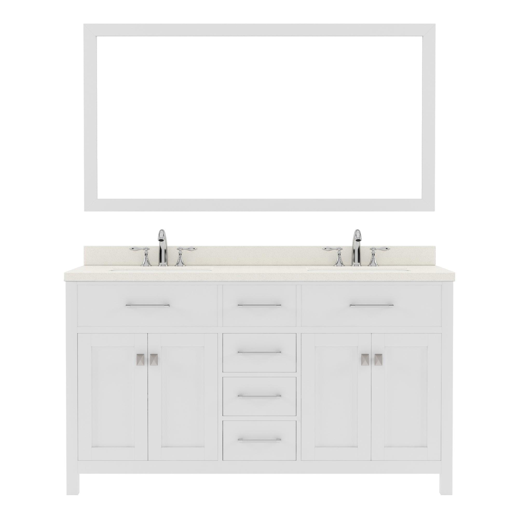  MD-2060-DWQRO-WH White Caroline 60" Double Bath Vanity Set with Dazzle White Quartz Top & Oval Double Centered Basin, Mirror