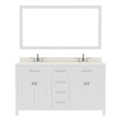  MD-2060-DWQRO-WH White Caroline 60" Double Bath Vanity Set with Dazzle White Quartz Top & Oval Double Centered Basin, Mirror