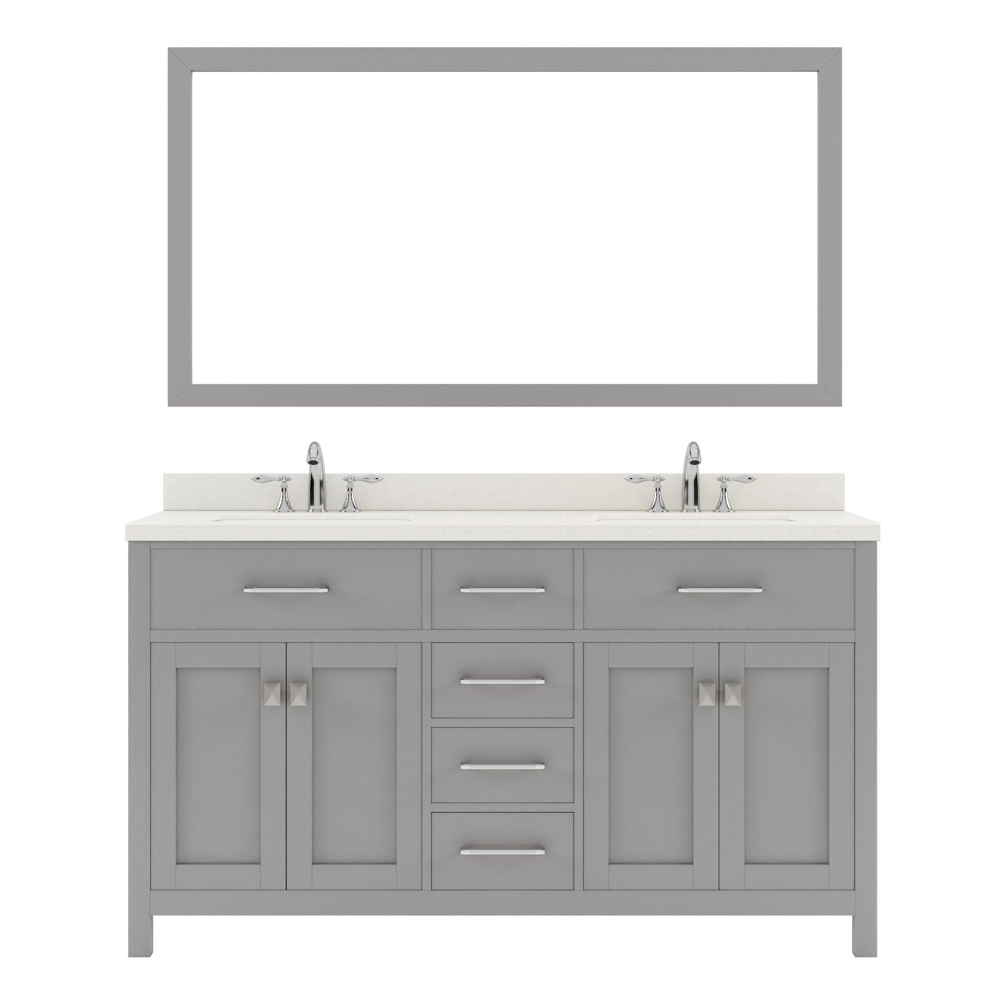 MD-2060-DWQSQ-CG Cashmere Gray Caroline 60" Double Bath Vanity Set with Dazzle White Quartz Top & Rectangular Double Centered Basin, Mirror