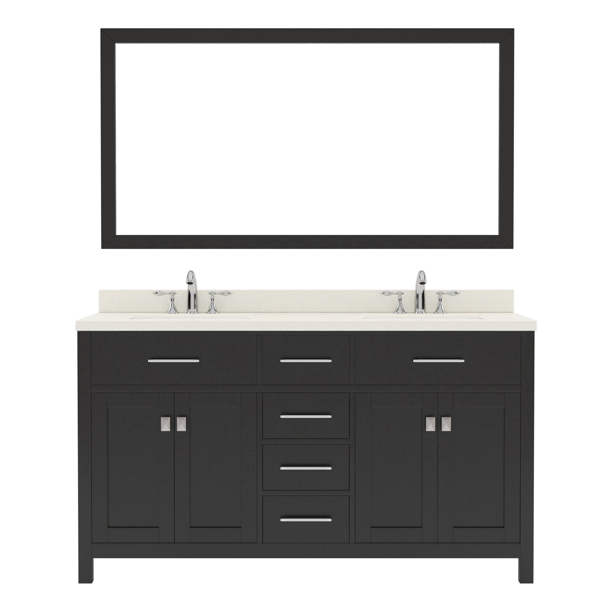 MD-2060-DWQSQ-ES Espresso Caroline 60" Double Bath Vanity Set with Dazzle White Quartz Top & Rectangular Double Centered Basin, Mirror