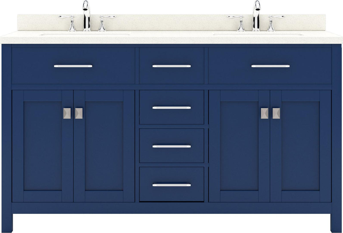 MD-2060-DWQSQ-FV Blue Caroline 60" Double Bath Vanity Set with Dazzle White Quartz Top & Rectangular Double Centered Basin