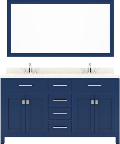 MD-2060-DWQSQ-FV Blue Caroline 60" Double Bath Vanity Set with Dazzle White Quartz Top & Rectangular Double Centered Basin, Mirror