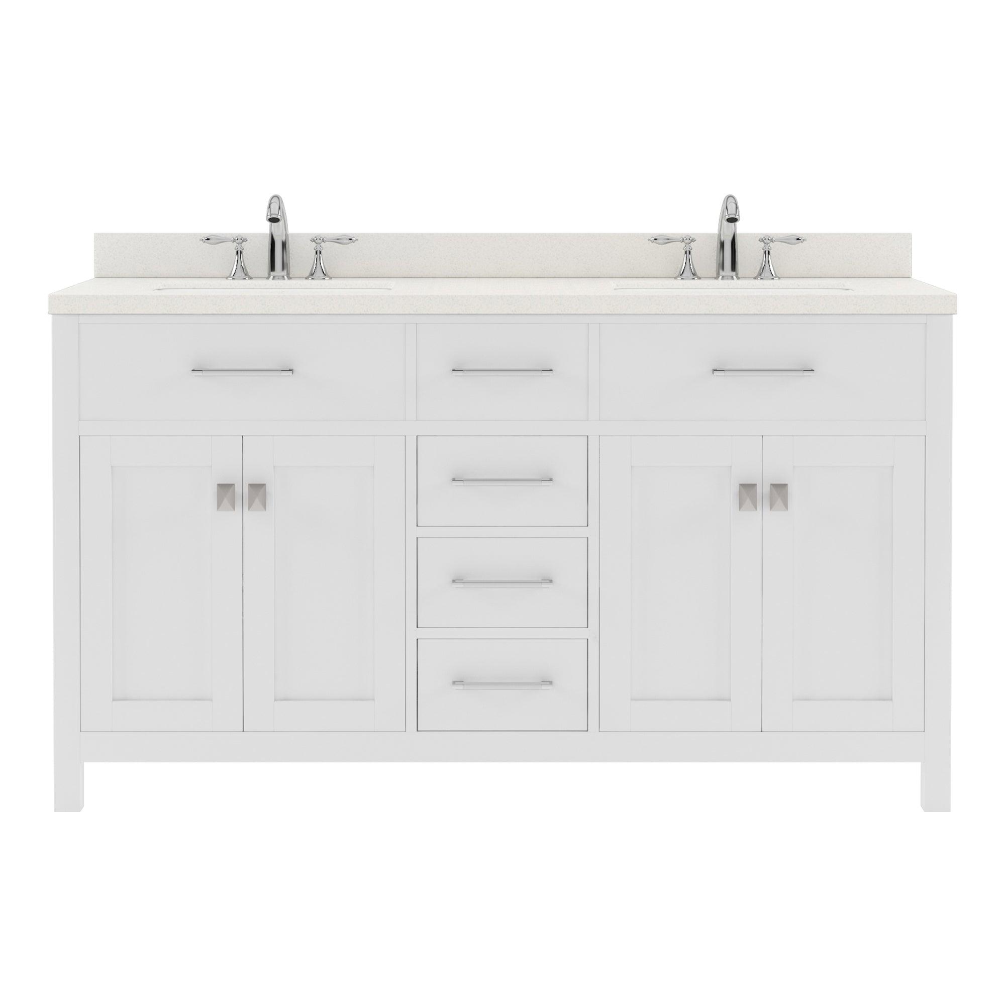 MD-2060-DWQSQ-WH White Caroline 60" Double Bath Vanity Set with Dazzle White Quartz Top & Rectangular Double Centered Basin