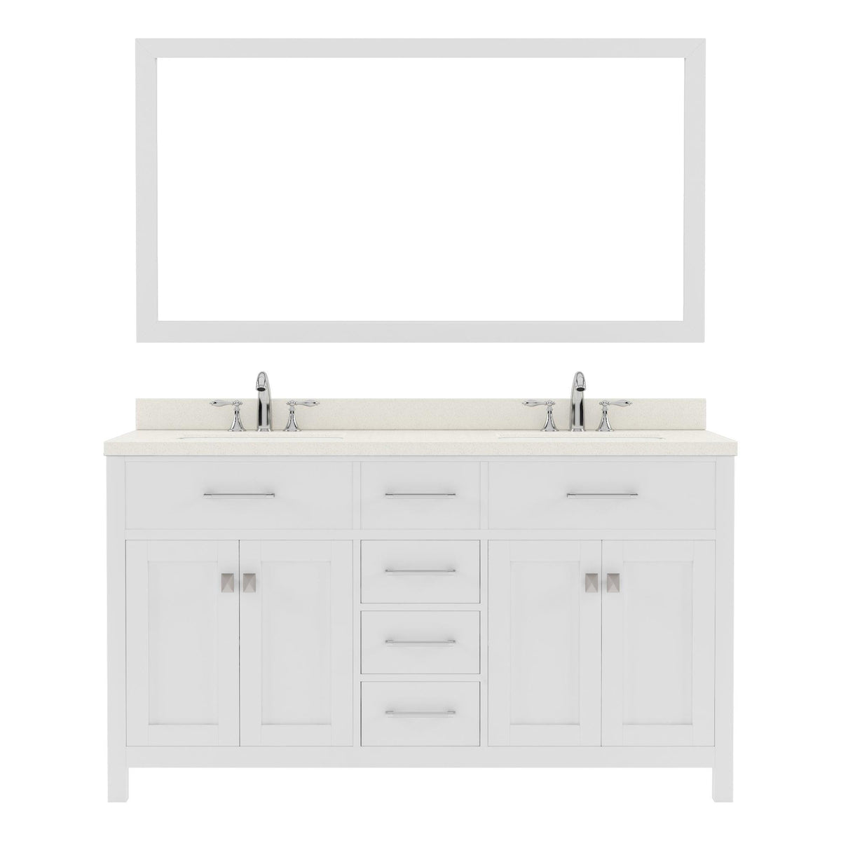 MD-2060-DWQSQ-WH White Caroline 60" Double Bath Vanity Set with Dazzle White Quartz Top & Rectangular Double Centered Basin, Mirror