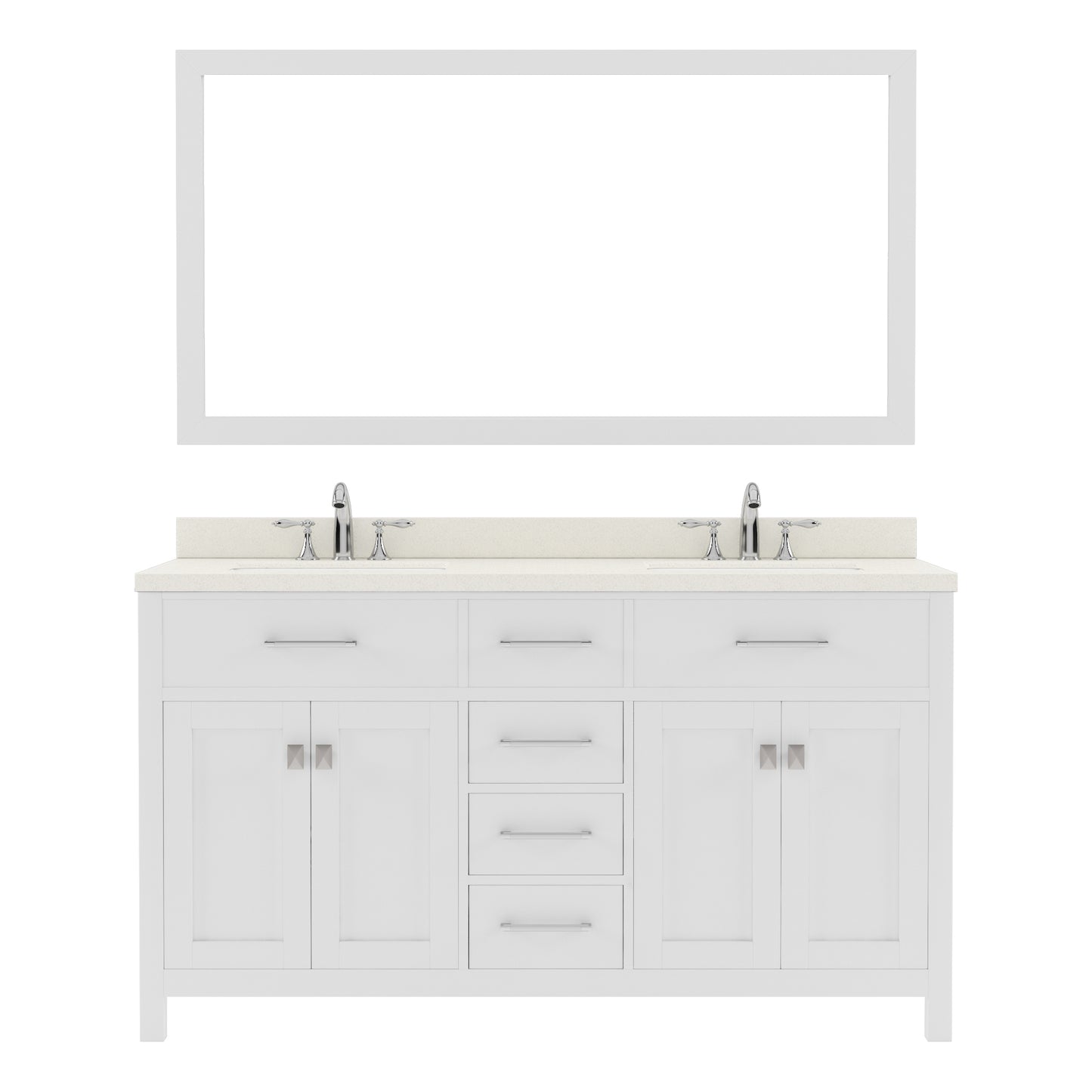 MD-2060-DWQSQ-WH White Caroline 60" Double Bath Vanity Set with Dazzle White Quartz Top & Rectangular Double Centered Basin, Mirror