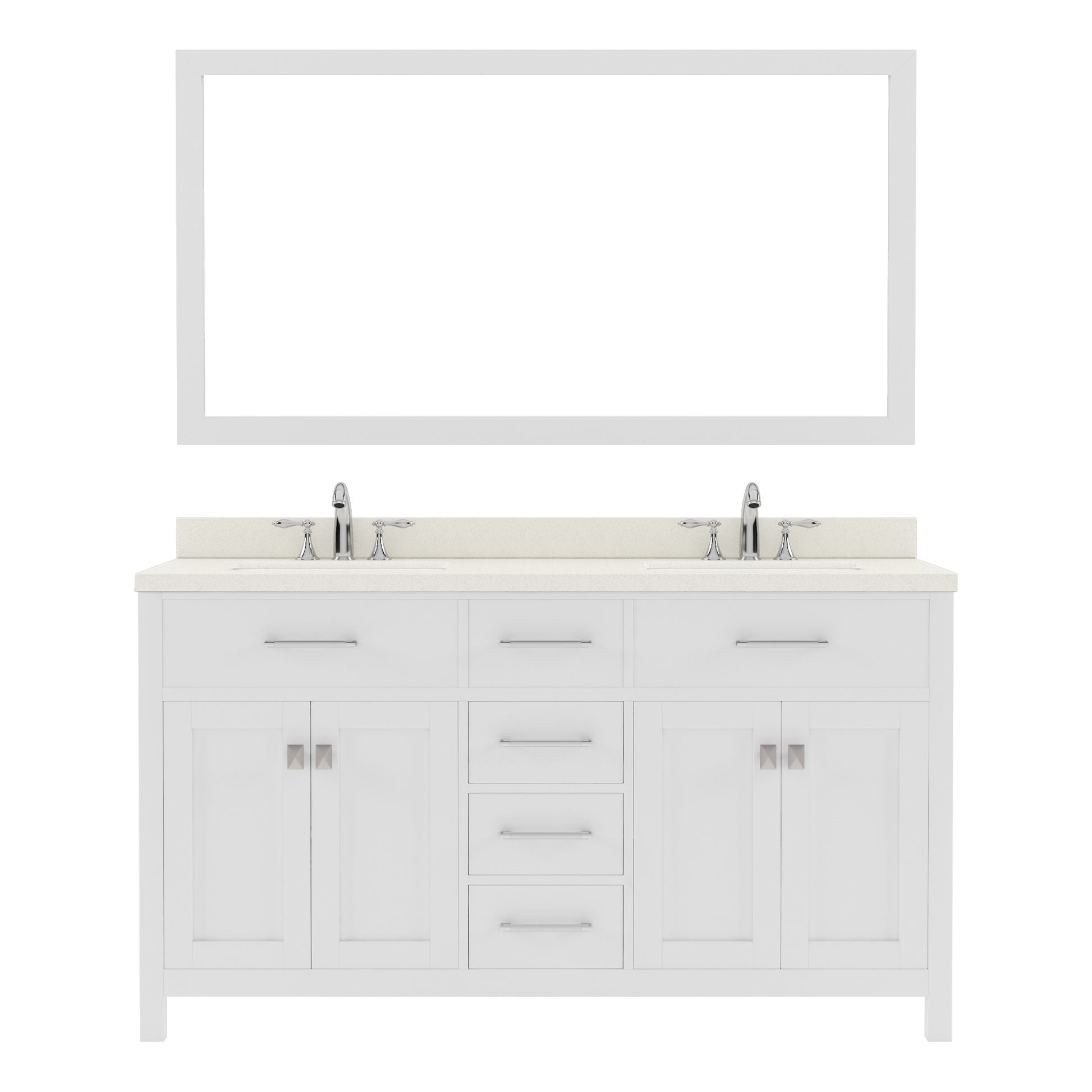 MD-2060-DWQSQ-WH White Caroline 60" Double Bath Vanity Set with Dazzle White Quartz Top & Rectangular Double Centered Basin, Mirror