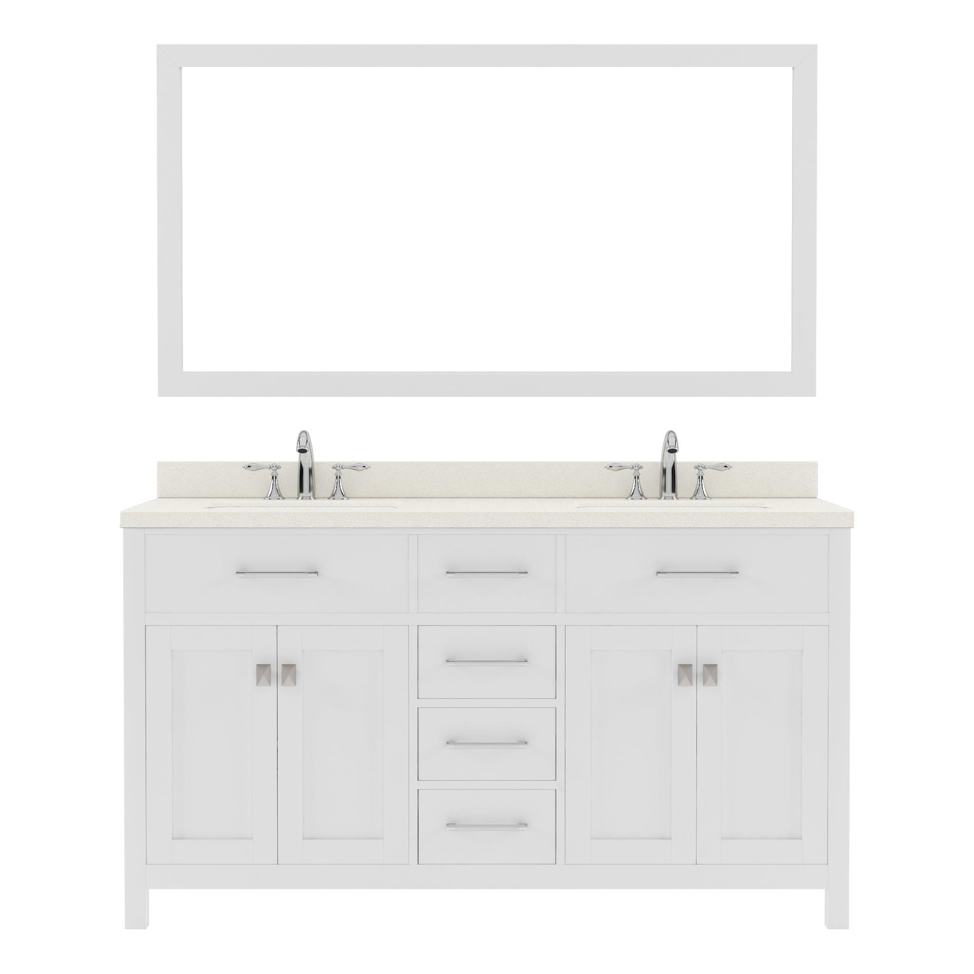 MD-2060-DWQSQ-WH White Caroline 60" Double Bath Vanity Set with Dazzle White Quartz Top & Rectangular Double Centered Basin, Mirror