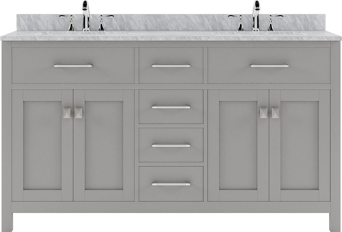 MD-2060-WMSQ-CG Cashmere Gray Caroline 60" Double Bath Vanity Set with Italian Carrara White Marble Top & Rectangular Double Centered Basin