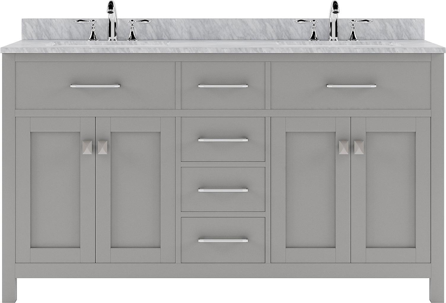 MD-2060-WMSQ-CG Cashmere Gray Caroline 60" Double Bath Vanity Set with Italian Carrara White Marble Top & Rectangular Double Centered Basin