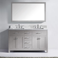 Load image into Gallery viewer, MD-2060-WMSQ-CG Cashmere Gray Caroline 60&quot; Double Bath Vanity Set with Italian Carrara White Marble Top &amp; Rectangular Double Centered Basin, Mirror styled