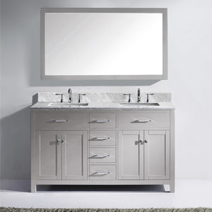 MD-2060-WMSQ-CG Cashmere Gray Caroline 60" Double Bath Vanity Set with Italian Carrara White Marble Top & Rectangular Double Centered Basin, Mirror styled