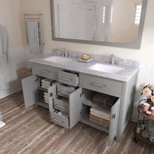 Load image into Gallery viewer, MD-2060-WMSQ-CG Cashmere Gray Caroline 60&quot; Double Bath Vanity Set with Italian Carrara White Marble Top &amp; Rectangular Double Centered Basin, Mirror open